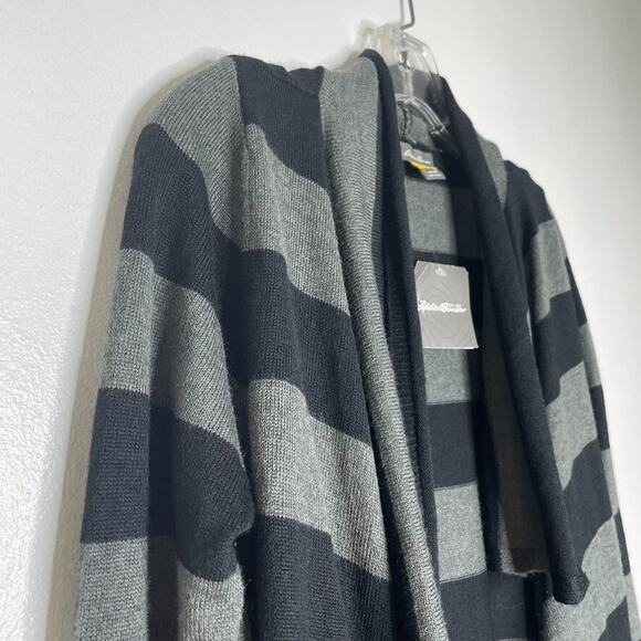Eddie Bauer Travex Cardigan Sweater M Black Gray Stripe Wool Blend Open NEW - Picture 2 of 7